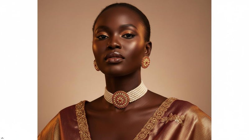 Touchstone "Padmavati Collection Indian bollywood traditional faux ruby red rhinestones and faux pearls grand designer jewelry choker necklace set in gold tone for women. - Image 3